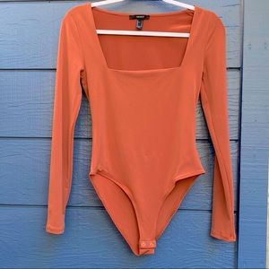 Salmon Square-Cut Long-Sleeve Bodysuit